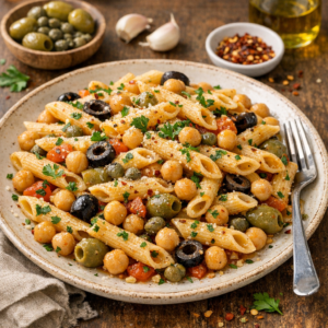 A quick penne pasta with chickpeas, olives, and capers, built from staples and designed for straightforward weeknight cooking.