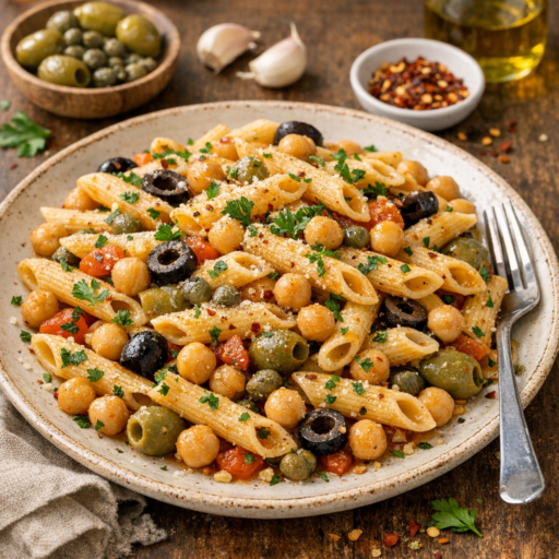A quick penne pasta with chickpeas, olives, and capers, built from staples and designed for straightforward weeknight cooking.