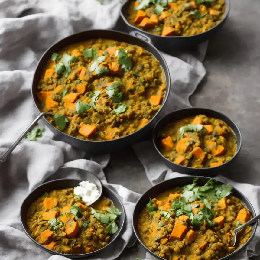 Sweet potato, spinach and lentil dahl in a bowl