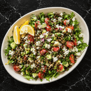 A green lentil salad with vegetables, feta, and a lemon dressing, designed for make‑ahead meals.