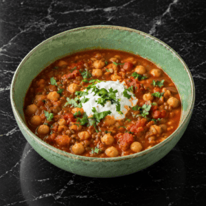 A spiced lentil and chickpea soup with a tomato base and fresh herbs, finished with yoghurt for balance.