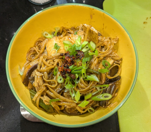 Braised Tofu Stick, Shiitake & Baby Aubergine Noodles